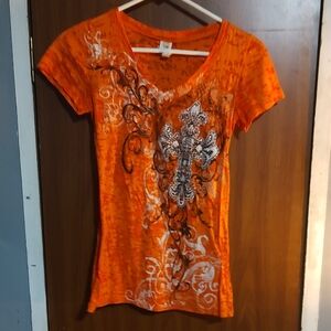 Fitted Orange Graphic Short Sleeve Tee